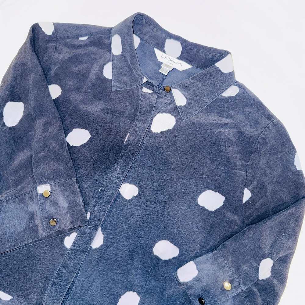 LK Bennett London Blue White Polka Dot 100% Silk Peplum Blouse Womens 6